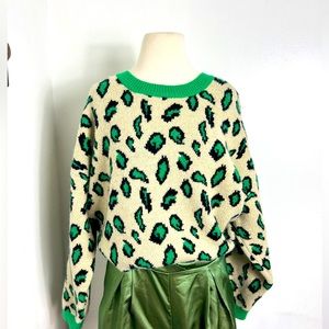 Animal Pattern Jacquard Knitted Sweater Jumper Womens Green White L Oversized